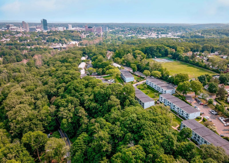 Aerial View of the Wyndover Woods cooperative and the White Plains skyline
